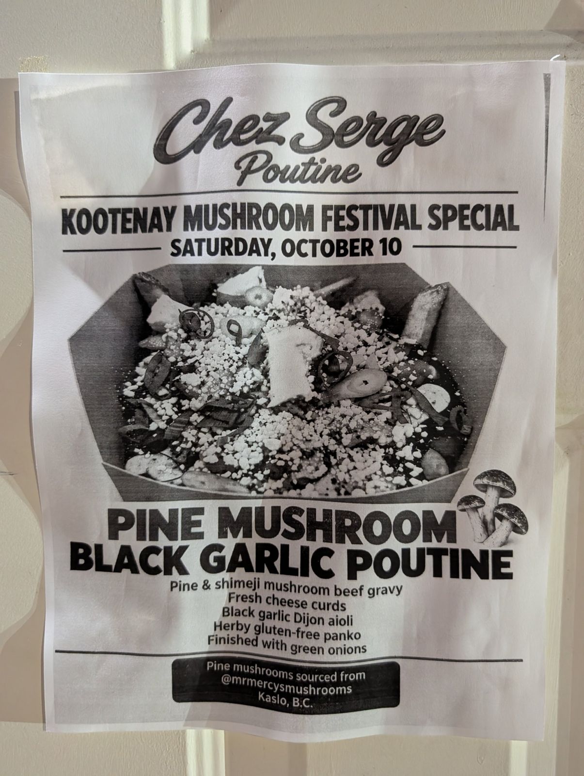 Chez Serge Poutine poster for a pine mushroom black garlic poutine festival special